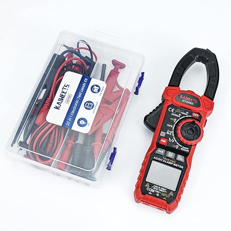 KAIWEETS HT208D Inrush T-RMS 6000 Counts AC/DC Current Clamp Meter & 23 PCS Multimeter Test Leads Kit for Digital Electrical Testing