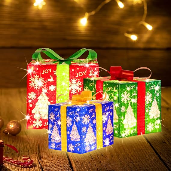 [Large 8.5"x7"x6" Christmas Set of 3 Lighted Gift Boxes Decorations Pre-lit 70 Super-Bright LED with Flashers,for Indoor Outdoor Christmas Tree Skirt Ornament Pathway Holiday Party Home