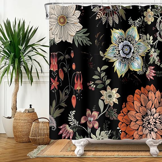 Boho Floral Shower Curtains for Bathroom, Vintage Flowers Retro Moody Bathroom Curtain, Abstract Botanical Chic Aesthetic Fabric Waterproof Bath Curtain Decor 72"x72"