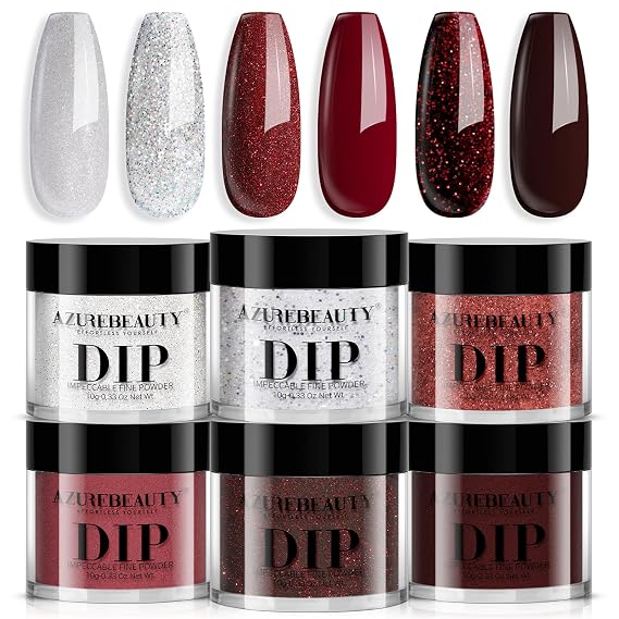 AzureBeauty Dip Powder Nail Kit, Burgundy Red Glitter Shades | 6 burgundy red glitter shades, no UV nail lamp required, perfect for DIY salon manicure and holiday gift for women