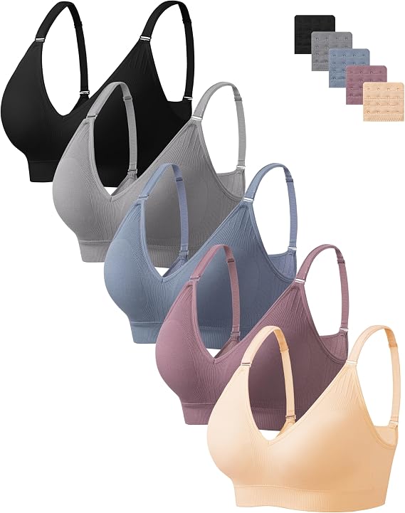HBselect Bras for Women No Underwire Wireless Cami Tank Top Sports Bras | 5 Pack Seamless Padded Bras for Women, Full Coverage Womens Sports Bras, Comfort Sleep Tshirt Bralette with Extender