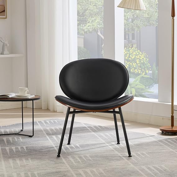 Mid Century Modern Shell Chair, Tripod Lounge Chair with Black Leather Upholstery & Walnut Finish Wooden Legs, Comfy Accent Chair for Living Room, Bedroom, Office (Black)