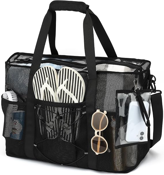 PIG PIG GIRL Mesh Beach Bag, Foldable Extra Large Beach Bags with Zipper Pool Bag with Portable Phone Pouch for Vacation Pool