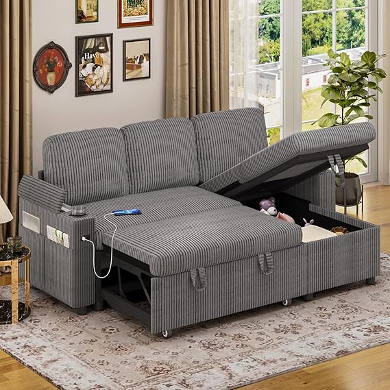 Corner Sofa Bed, L-Shaped Sleeper Sectional Couch Bed, 3-in-1 Corduroy Convertible Pull Out Sofa Bed with Adjustable Backrest, Storage, USB and Cup Holder for Living Room, Grey