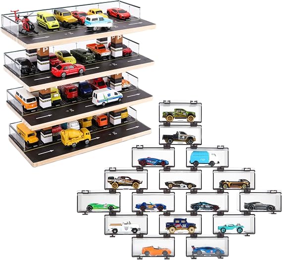 Hot Wheels Storage Display Combo: Parking Garage + 16 Packs Clear Display Case for 1/64 Scale Toy Cars