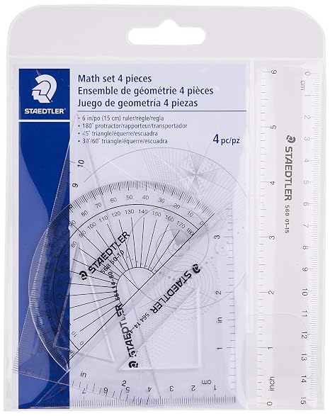 STAEDTLER Math Set - 4 pc Geometry Kit for Students - School Supplies with Clear Protractor, 6in Ruler & 2 Triangles Metric & Imperial Scales