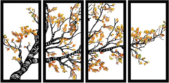 Metal Tree Wall Art with Birds, 4-Panel Branch Decor for Living Room, 40"x20" Housewarming Gift