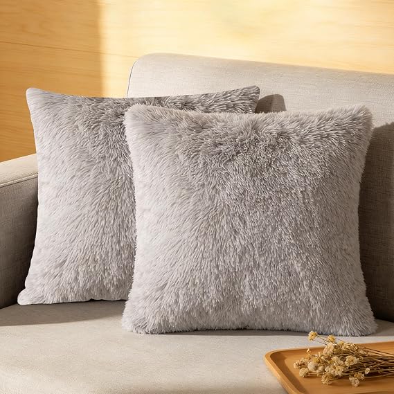 2 Pack Cushion Covers 43x43cm, Double-Sided Fluffy Pillow Covers Grey Faux Fur, Soft Pet Friendly Square Throw Pillow Cases for Sofa Bedroom Decor (Light gray, 43 * 43CM)