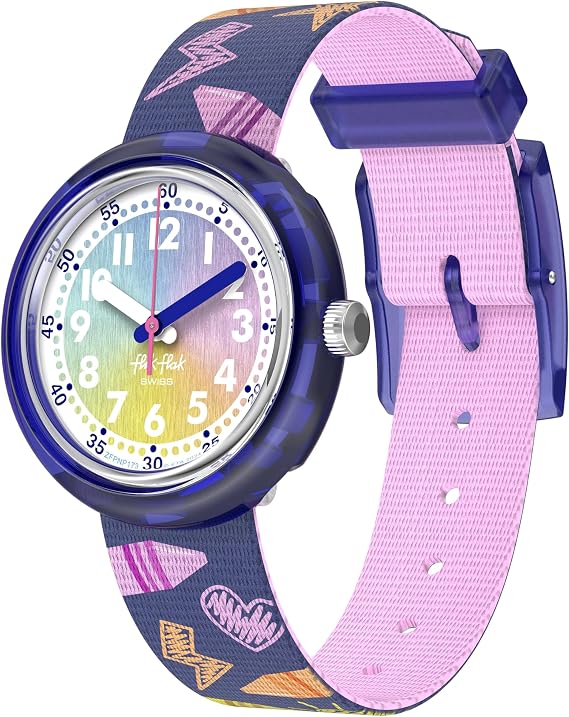 Flik Flak Girl Kids Watch Casual Purple Bio-sourced Water Resistant Quartz Rainbow Crayons