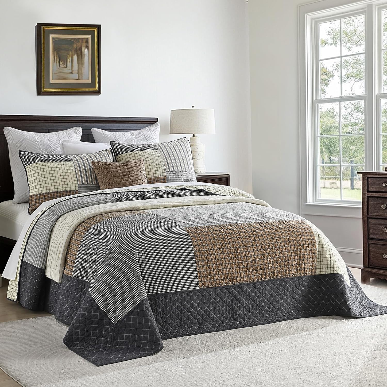 Bedduvit 100% Cotton 120x128 Extra Large Quilt Set, Lightweight Oversized California King Bedspread, 3 Pieces Comforter Bedding Set Farmhouse Patchwork Plaid Coverlet Set, BrownBeigeCharcoal Gray