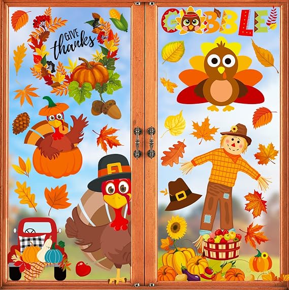 Fall Thanksgiving Decorations, 145PCS Thanksgiving Window Clings Stickers | Fall Window Clings Decorations, Gobble Turkey Pumpkin Leaves Window Stickers, Thanksgiving Decor for Home Classroom Indoor