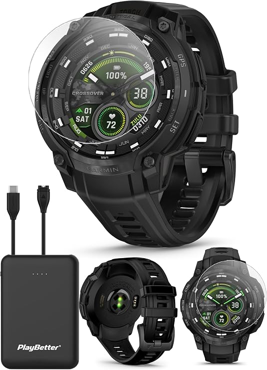 PlayBetter Garmin Instinct Crossover AMOLED Tactical (Black) Outdoor GPS Smartwatch Bundle - Analog Display, Built-in Flashlight, Tactical Features Portable Charger & HD Screen Protectors