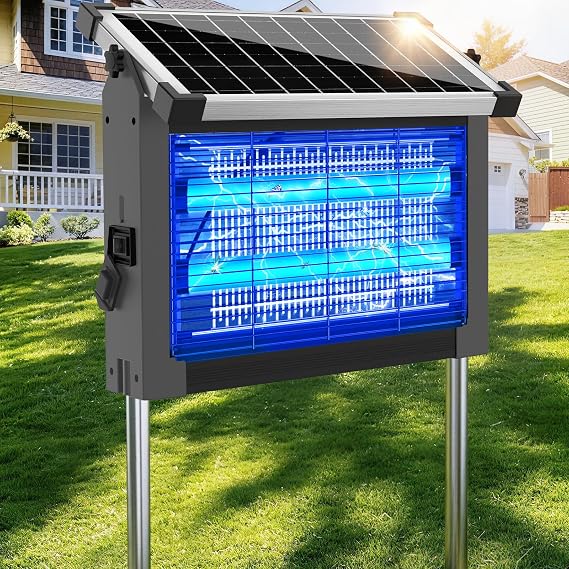 Solar Bug Zapper Outdoor Waterproof, 4500V Rechargeable Mosquito Zapper with Solar Panel Sensor, Auto ON/Off, 10ft Extension Cord & Solar Powered Bug Zapper, Cordless Insect Zap for Patio Yard Garden