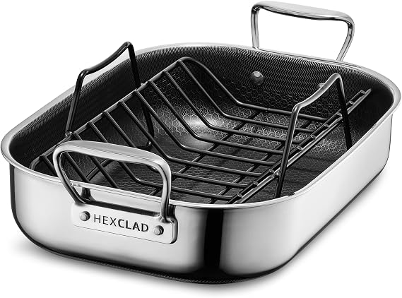 HexClad Hybrid 14 x 10 Inch Rectangular Nonstick Roasting Pan with Rack