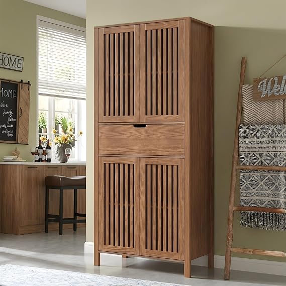69" Tall Kitchen Pantry Cabinet with Louvered Doors, Farmhouse Storage Cabinet with Drawer and Adjustable Shelves, 4-Tier Wood Cabinet for Kitchen, Dining Room, Laundry, Home Office, Brown