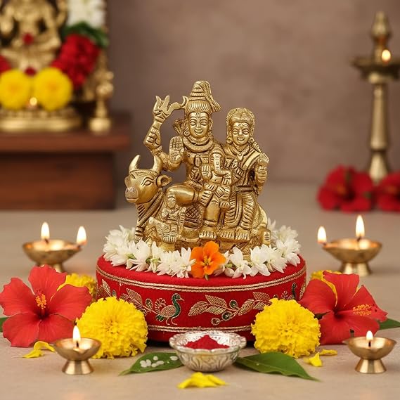 Brass Shiv Parivar Idol Statue Hindu God Shiva Parvati Ganesha Kartikeya Nandi Family Murti Sculpture - Pooja Home Temple Mandir Decor - Decorative Showpiece Housewarming Gift (3.7 Inches)