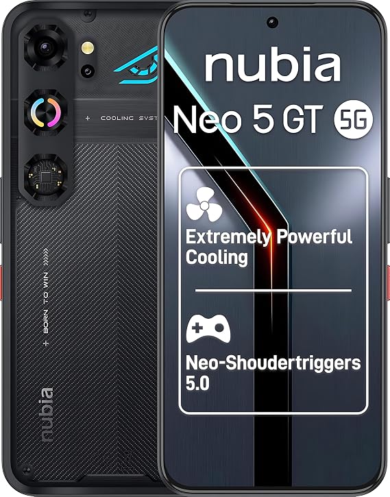 ZTE Nubia Neo 5 GT 5G, Smartphone Gaming con IA, 12GB+256GB, Gatillos Laterales, Ventilador físico Incorporado, Pantalla AMOLED 6,8" 1.5K 144Hz, 6210mAh Doble celda, Android 16, Negro (Phantom Black) [Clase de eficiencia energética A]