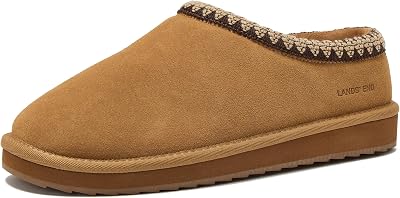 Lands End Hearth Warm Fuzzy Mens Slippers, Indoor Outdoor Fur Lined Suede House Slippers for Men Size 7 to 15, Black or Brown House Shoes