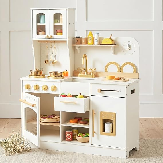 White and Gold Wooden Play Kitchen with Plate Rack, Clock and Large Storage