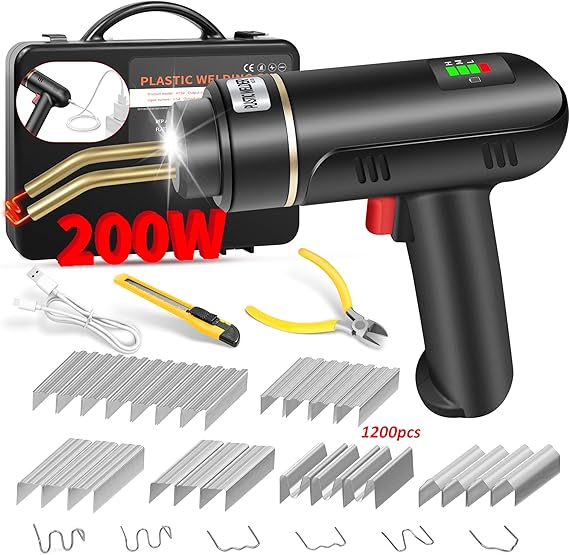 200W Cordless Plastic Welder,Plastic Welding Kit with 1200PCS Hot Stapler | Black,USB Rechargeable Plastic Welder Gun with 5000mAh Battery,Plastic Weld Bumper Repair Kit for Most Plastic Repair