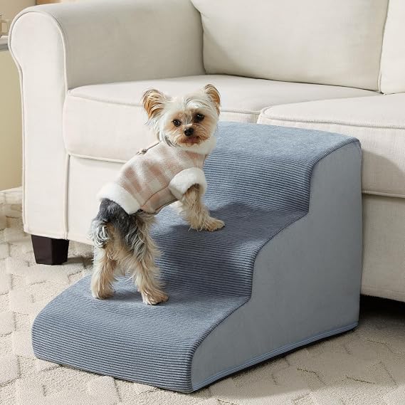LEXTRO Dog Stairs for Small Dogs, 3-Steps Dog Ramp for Bed and Couch, Pet Stairs with Highly Supportive Foam and Non-Slip Bottom, Dogs Steps for Cat & Doggie (High 15.7 Inch)