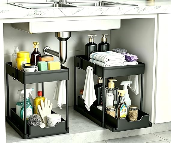 DEKAVA Under Sink Storage 2 Pack, 2 Tier Sliding Organiser, Multi-Purpose Shelf Organiser, Pull Out Cabinet Basket Drawer (Black)