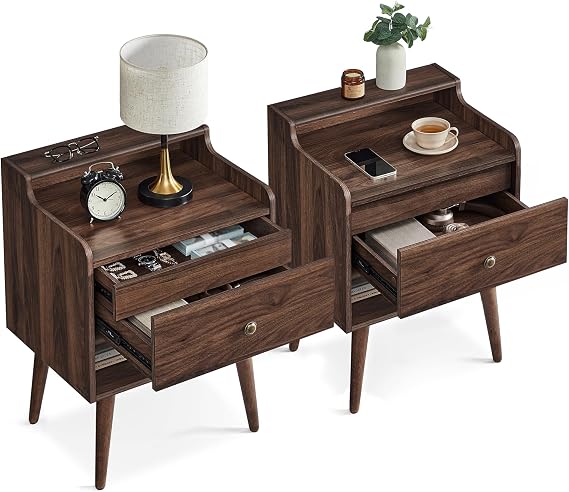 VASAGLE Nightstands, Set of 2, Bedside Tables with Hidden Drawers, Mid-Century End Side Tables with Solid Wood Legs, for Bedroom, Natural Walnut ULET624K01 | Mid-Century Bedside Tables, End Tables for Bedroom, Natural Walnut, MIRANTA Collection ULET624K01S