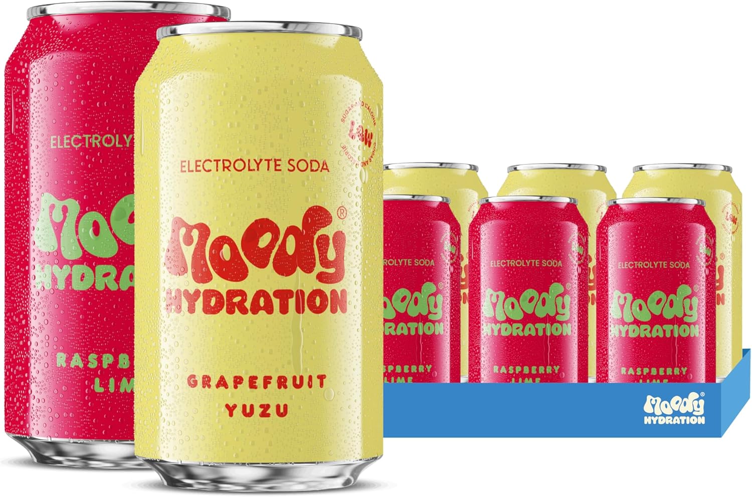 Moody Hydration Electrolyte Sparkling Soda Drink - Duo Pack Raspberry Lime & Grapefruit Yuzu | Magnesium, Calcium & Prebiotic Fibre | Low Sugar, Low Calorie | 6 x 330ml Cans