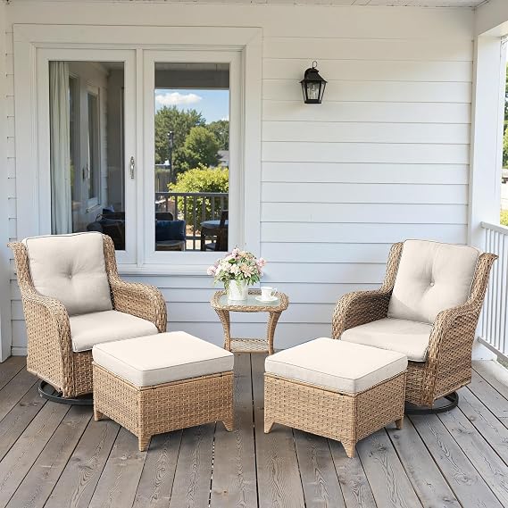 Patio Bistro Set with Outdoor Swivel Chairs, Wicker Outdoor Patio Swivel Chairs with Ottomans and Side Table, Furniture Set for Yard, Deck, Garden, Yellow Wicker/Beige Cushion