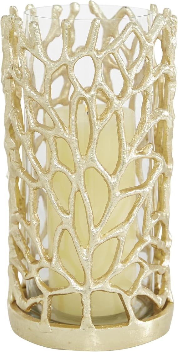 Deco 79 Aluminum Metal Decorative Candle Lantern with Coral Pattern, 5" x 5" x 10", Gold