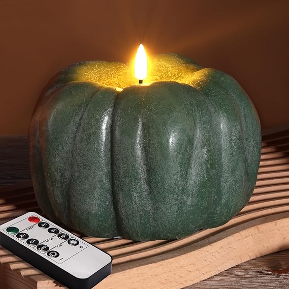 Eywamage Green Pumpkin Fall Flameless Candle with Remote, Halloween Decor