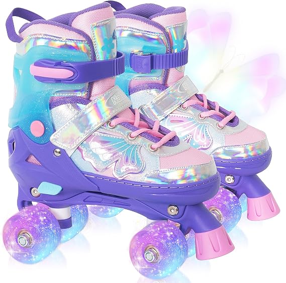 Nattork Kids Roller Skates for Girls Boys Kids, 4 Sizes Adjustable Quad Skates Butterfly and Flower with All Light up Wheels - Birthday Gift for Indoor Outdoor Sports