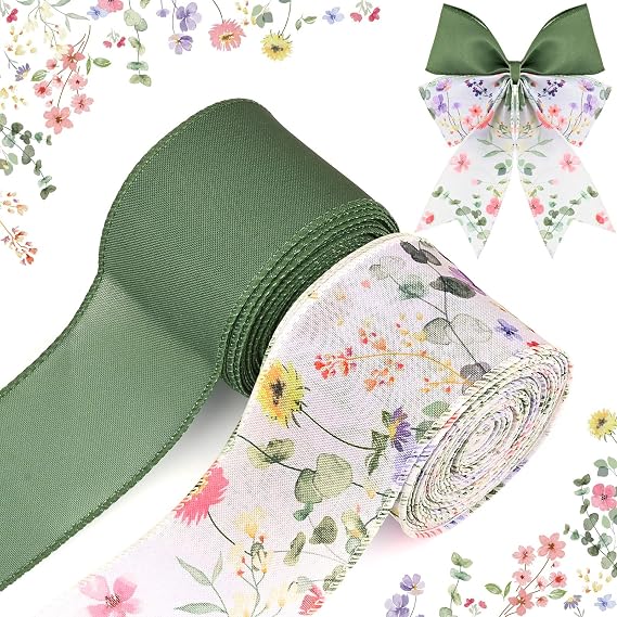 Bolsome 2 Rolls 20 Yards Floral Wired Edge Ribbon Spring Wildflowers Printed Burlap Ribbon for Gift Wrapping Bow Wreath Making for Birthday Wedding Craft Supplies (Green)
