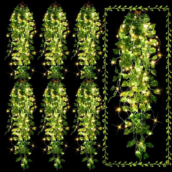 Mudder Fake Ivy Vines with Lights, LED Artificial Hanging Green Leaves Vines for Outdoors Patio Porch Decor (Basket Not Included) (Greenery Style, 6 Packs)