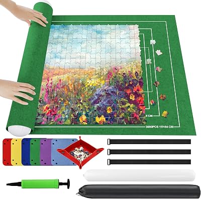 Ainiv Jigsaw Puzzle Mat Roll Up 3000 Pieces, 55 x 39 Portable Felt Puzzles Board with 6 Sorting Trays & Travel Storage Bag, Jigsaw Saver Pad Keeper for Adults Teens, Green