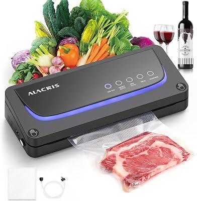 ALACRIS Vacuum Sealer, 5 in 1 Food Vacuum Sealer Machine with Full Starter Kit, Built-in Cutter & Roll Bag Storage, Fully Automatic Vacuum Packer for Dry & Moist Food Preservation and Sous Vide
