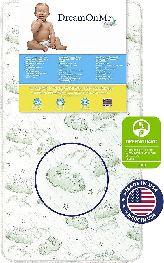 Dream On Me Nirvana Crib Mattress, Inner Spring Coil, Fits Standard Full-Size Cribs & Toddler Beds, Reversible Design, Waterproof Vinyl Cover, GREENGUARD Gold & BSA Certified, 52" x 27" x 6"