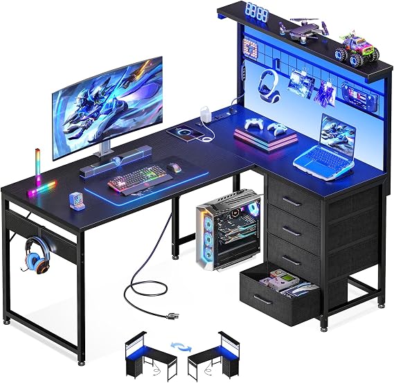 MOTPK 43" L Shaped Gaming Desk with Shelf & 4 Drawers, Black