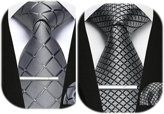 Enlision Gray Tie Plaid Tie Handkerchief Woven Classic Men's Necktie Pocket Square Clip Set formal Wedding Ties for Men