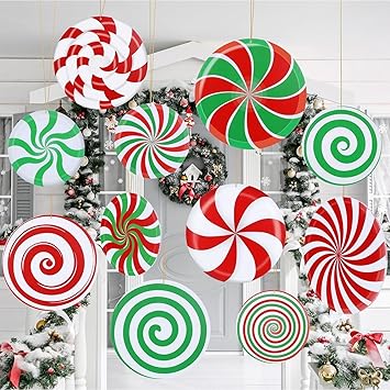 12 Pcs 12 Inch/10 Inch Large Christmas Decorations Outdoor Double Sided Christmas Yard Hanging Ornaments Holiday Porch Lawn Candy Hanging Decorations for Xmas Tree Porch Yard Decor