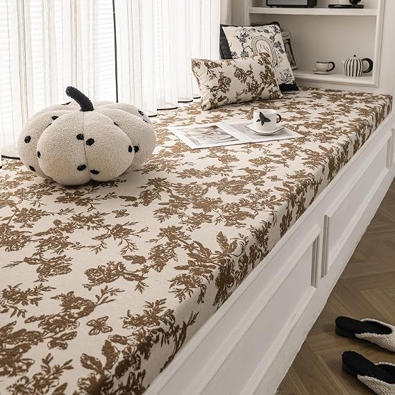 Custom Window Seat Cushion Vintage Chinoiserie Floral Chenille High Density Bay Window Sill Bench Seating Foam Cushions for Indoor Furniture, Mudroom, Reading Kitchen Breakfast Nook, Non Slip Bottom
