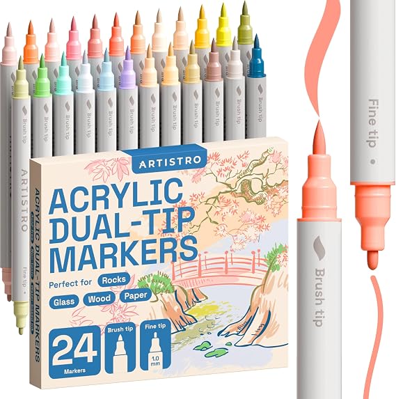 ARTISTRO 24 Pastel Dual-Tip Acrylic Paint Marker Pens for Drawing | For Fabric, Rock, Glass, Wood, Arts & Crafts Gift for Adults, Teens & Kids, Pumpkin Decorating Kit & Halloween Crafts