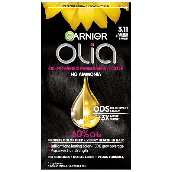 Garnier Olia Hair Color, Ammonia-Free Permanent Hair Dye, Oil-Powered Formula for 100% Gray Coverage and 3x Shinier Hair, Vegan & Cruelty Free, 3.11 Darkest Platinum Brown, 1 Count