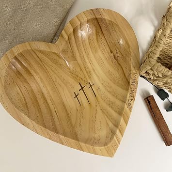 Wooden Heart Prayer Bowl, Rustic Religious Christian Gift, Handmade with Engraved Cross, 9.05 x 9.05 x 1.19 inches