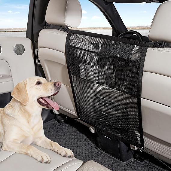 TKYZ Dog Car Barrier,Dog Net for Car,Pet Divider Barrier for Car/SUV/Truck | with Mesh Organizer,Large Barrier Area,Adjustable Straps,Sturdy Easy to Install, Scratch-Resistant,Keep Dogs in Back Seat