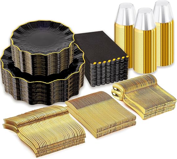 350 PCS Black and Gold Plastic Plates, Scalloped Disposable Dinnerware Set