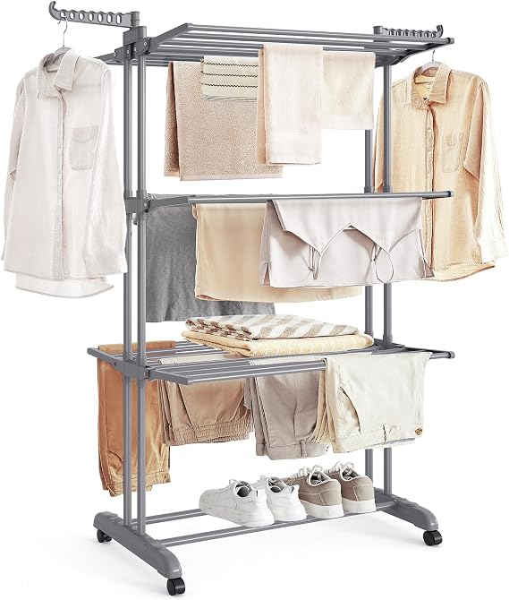 SONGMICS Clothes Drying Rack 4-Tier, Foldable Laundry Rack, Steel | Indoor Outdoor Use, Rolling Clothes Horses Dryer Rack, Dove Gray ULLR701G01
