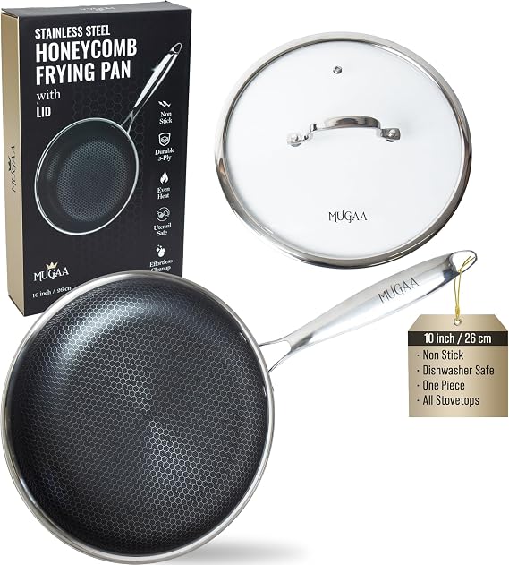 10" Honeycomb Stainless Steel Nonstick Pan with Lid, Induction Safe