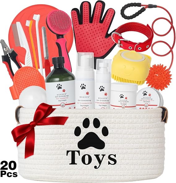 L 20 Pieces Dog Gift Basket for Dogs, Pet Spa Gift Set with Shower Gel, Shampoo, Toys, Plush, Rubber, Rope, Training Toys, Birthday Gifts for Pet
