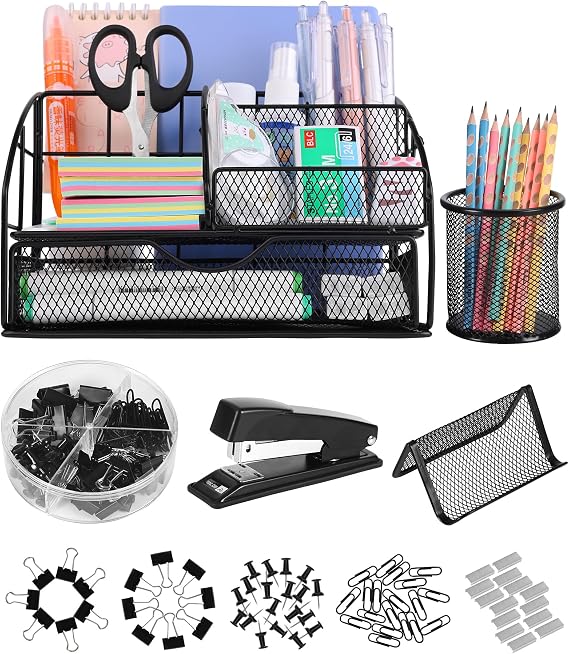 Desk Organizer and Accessories - Office Supplies Desk Organizer Set, 6 Compartments, Stapler, Pen Holder, 72 Accessories for Office, Home, School, Black